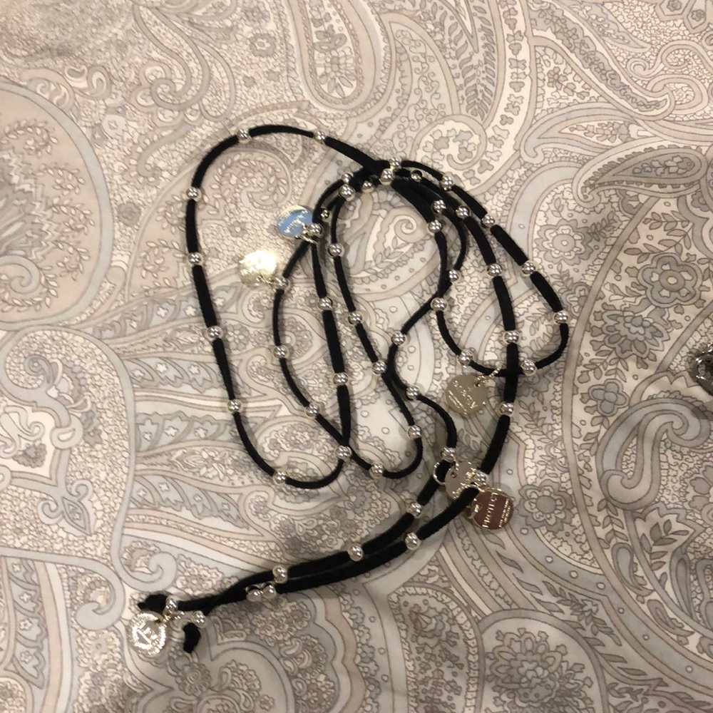 Black leather silver beaded necklace self tie